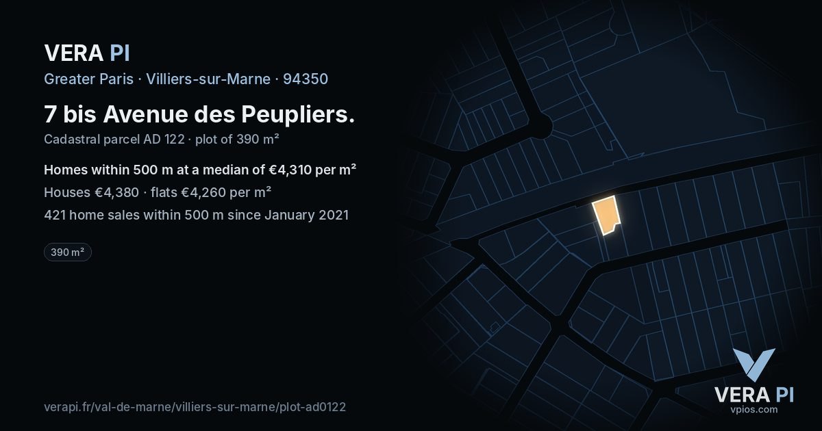 7 bis Avenue des Peupliers, Villiers-sur-Marne at night – the plot lit, the parcels around coloured by the prices near them