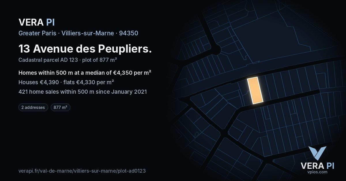 13 Avenue des Peupliers, Villiers-sur-Marne at night – the plot lit, the parcels around coloured by the prices near them