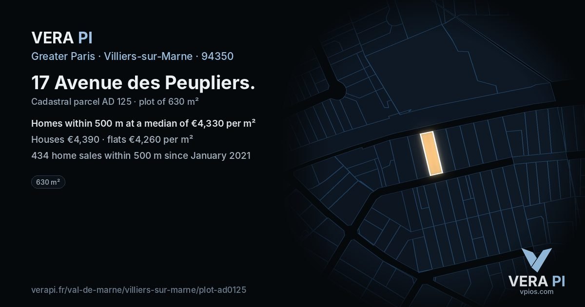 17 Avenue des Peupliers, Villiers-sur-Marne at night – the plot lit, the parcels around coloured by the prices near them
