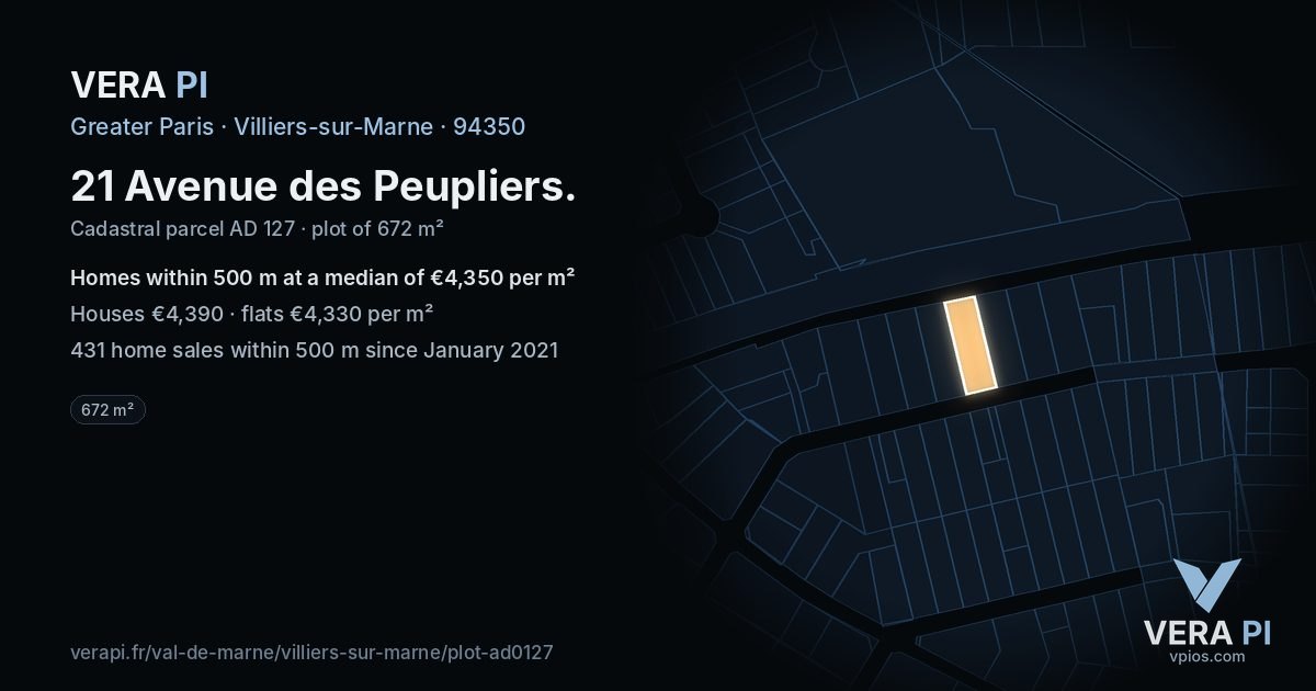 21 Avenue des Peupliers, Villiers-sur-Marne at night – the plot lit, the parcels around coloured by the prices near them