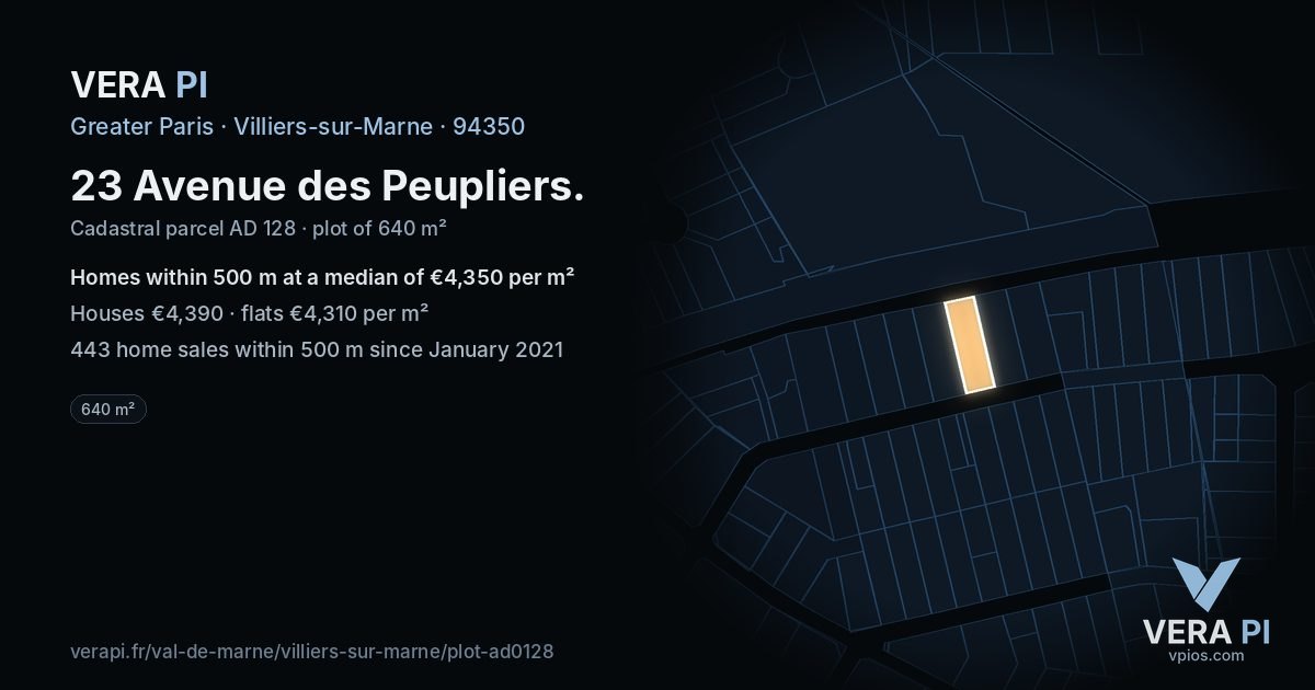 23 Avenue des Peupliers, Villiers-sur-Marne at night – the plot lit, the parcels around coloured by the prices near them