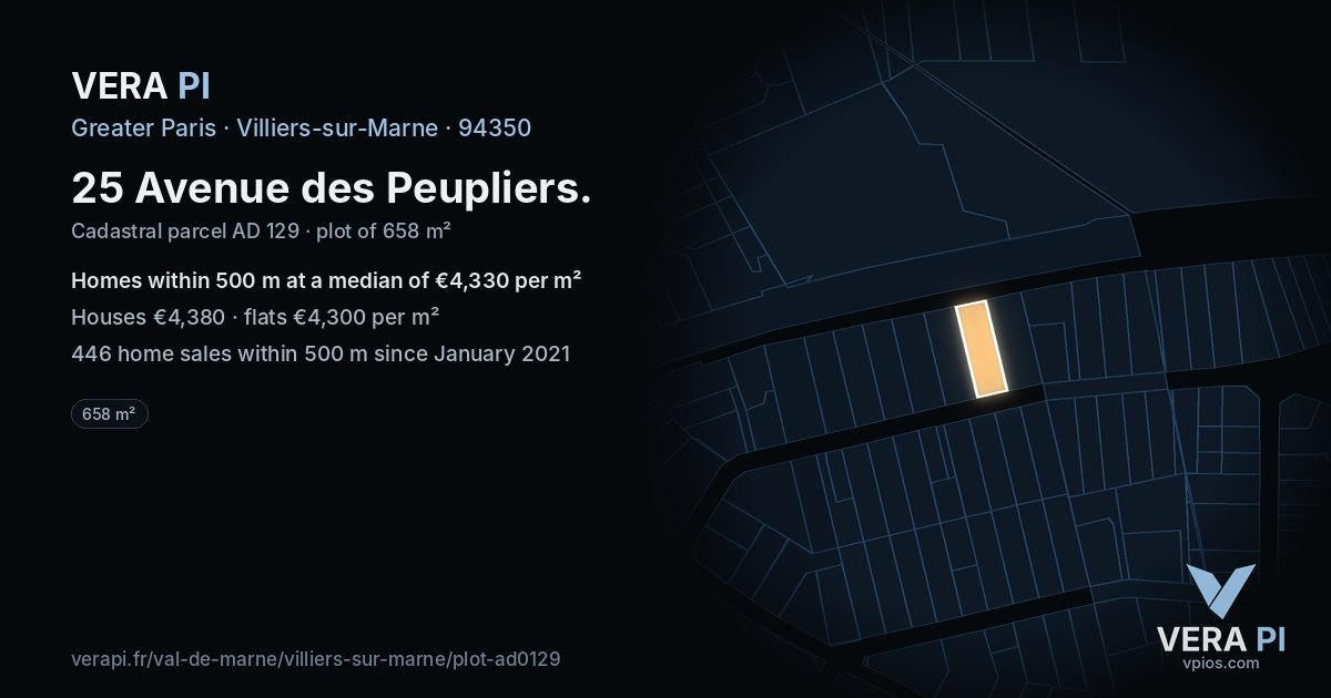 25 Avenue des Peupliers, Villiers-sur-Marne at night – the plot lit, the parcels around coloured by the prices near them