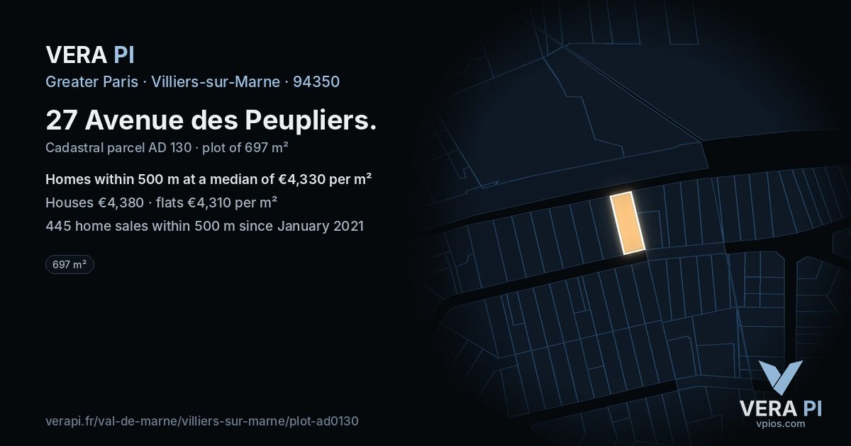 27 Avenue des Peupliers, Villiers-sur-Marne at night – the plot lit, the parcels around coloured by the prices near them