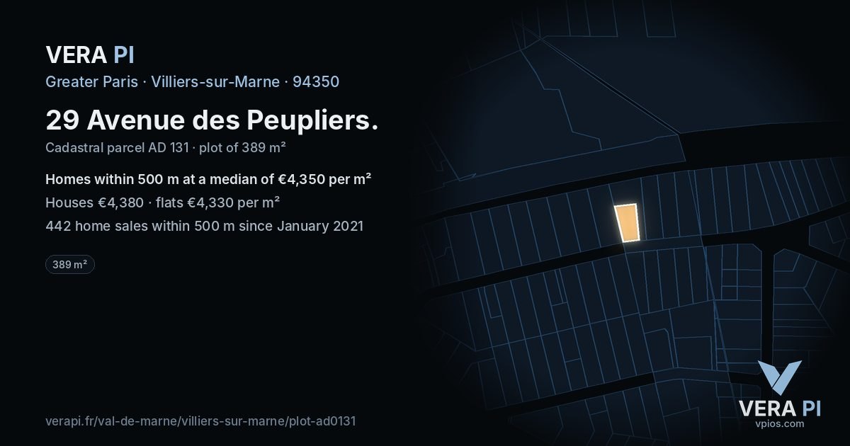 29 Avenue des Peupliers, Villiers-sur-Marne at night – the plot lit, the parcels around coloured by the prices near them