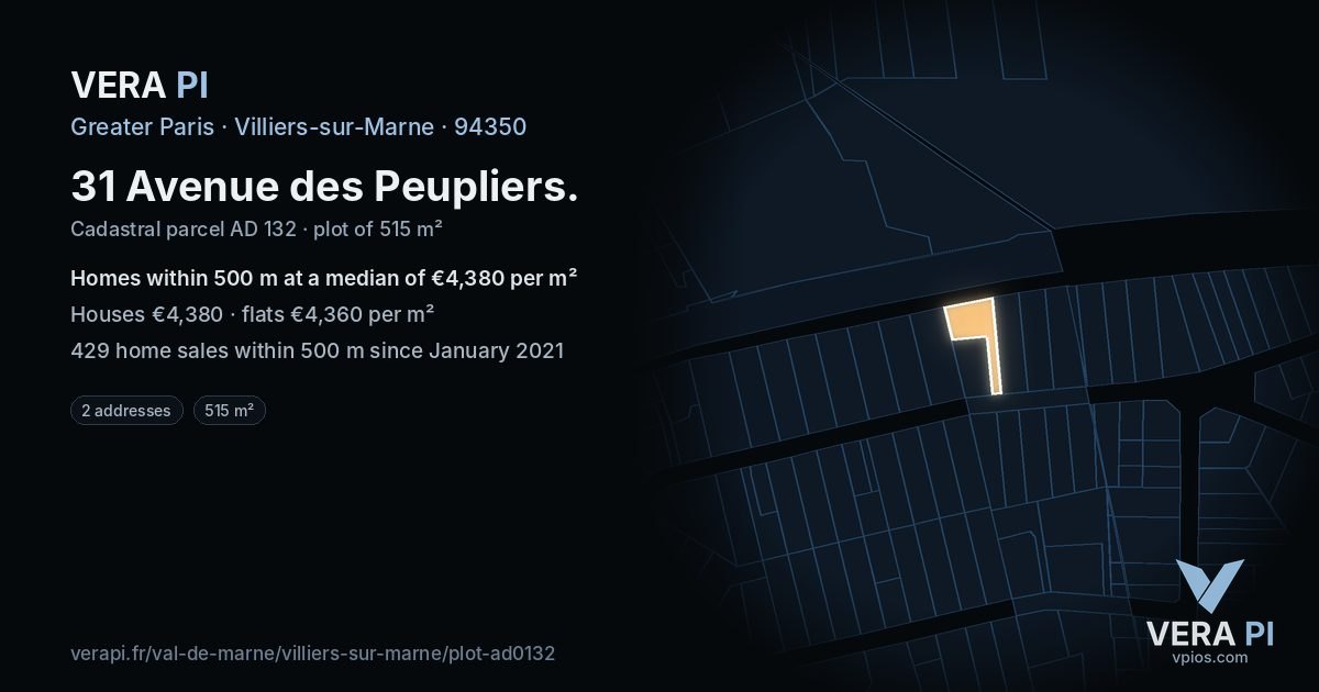 31 Avenue des Peupliers, Villiers-sur-Marne at night – the plot lit, the parcels around coloured by the prices near them