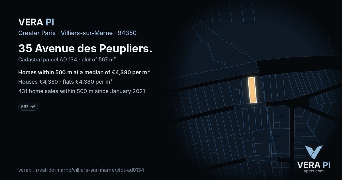 35 Avenue des Peupliers, Villiers-sur-Marne at night – the plot lit, the parcels around coloured by the prices near them