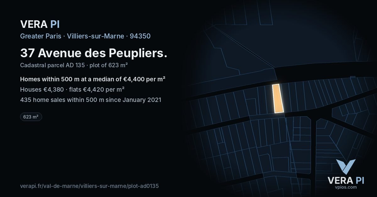 37 Avenue des Peupliers, Villiers-sur-Marne at night – the plot lit, the parcels around coloured by the prices near them