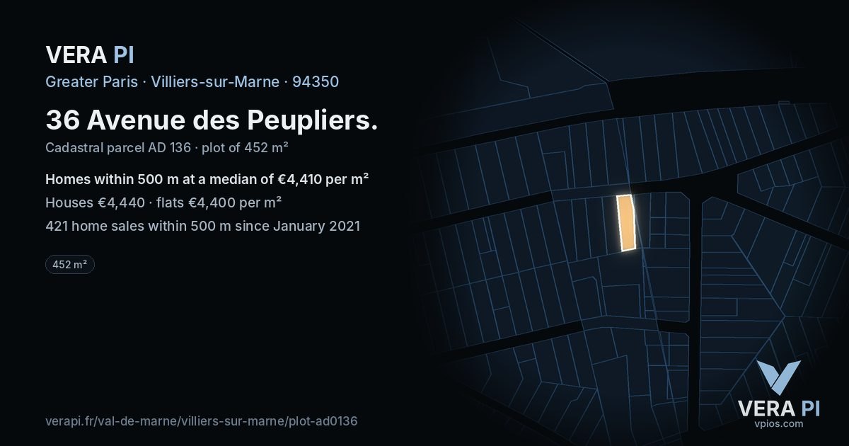 36 Avenue des Peupliers, Villiers-sur-Marne at night – the plot lit, the parcels around coloured by the prices near them