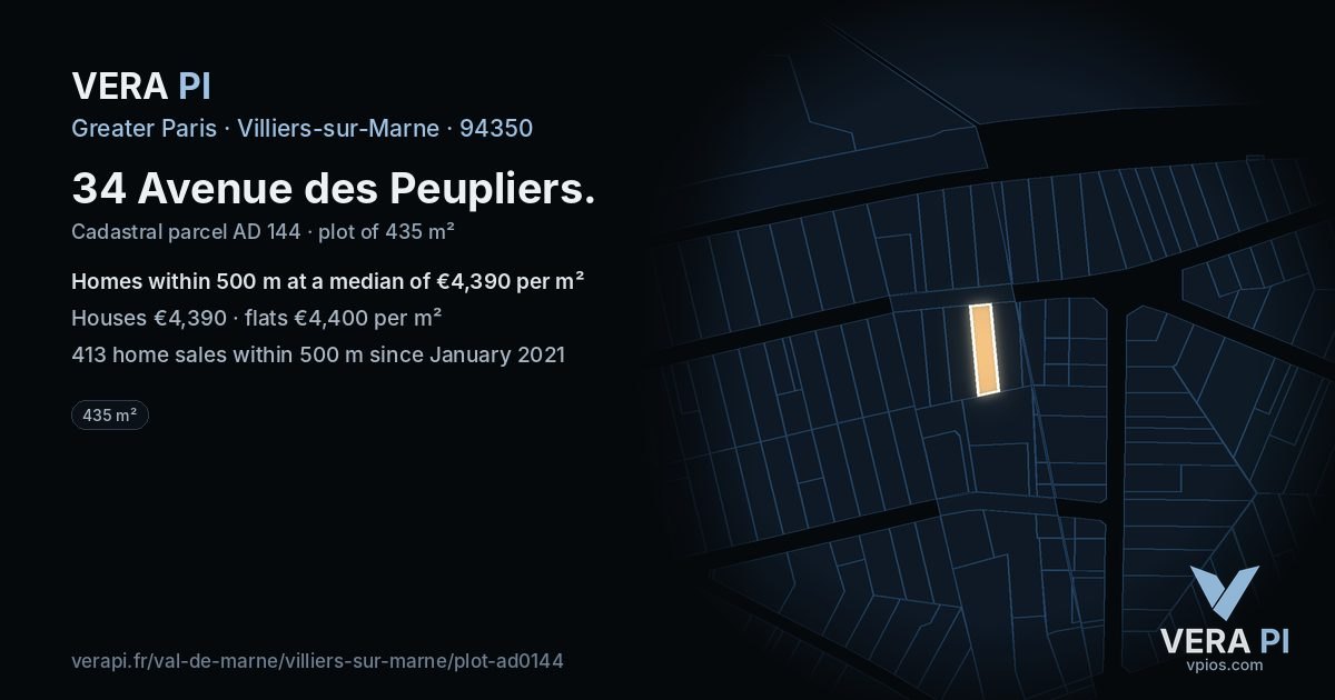 34 Avenue des Peupliers, Villiers-sur-Marne at night – the plot lit, the parcels around coloured by the prices near them
