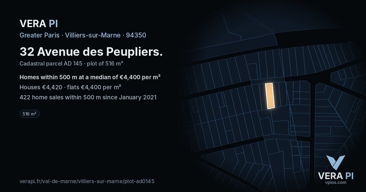 32 Avenue des Peupliers, Villiers-sur-Marne at night – the plot lit, the parcels around coloured by the prices near them