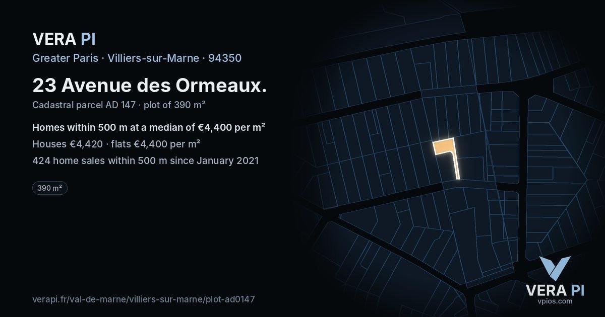 23 Avenue des Ormeaux, Villiers-sur-Marne at night – the plot lit, the parcels around coloured by the prices near them