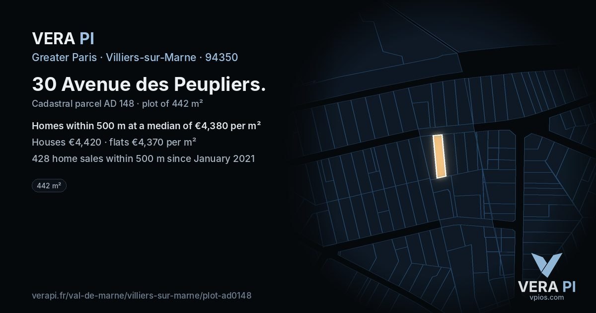 30 Avenue des Peupliers, Villiers-sur-Marne at night – the plot lit, the parcels around coloured by the prices near them
