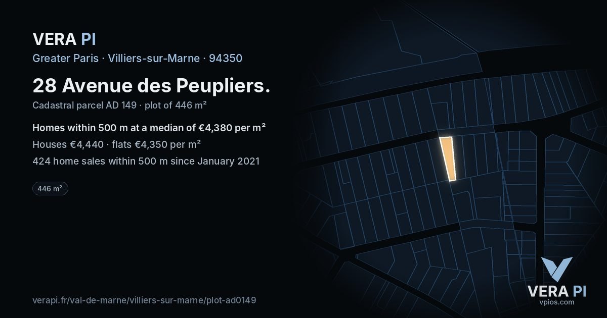 28 Avenue des Peupliers, Villiers-sur-Marne at night – the plot lit, the parcels around coloured by the prices near them