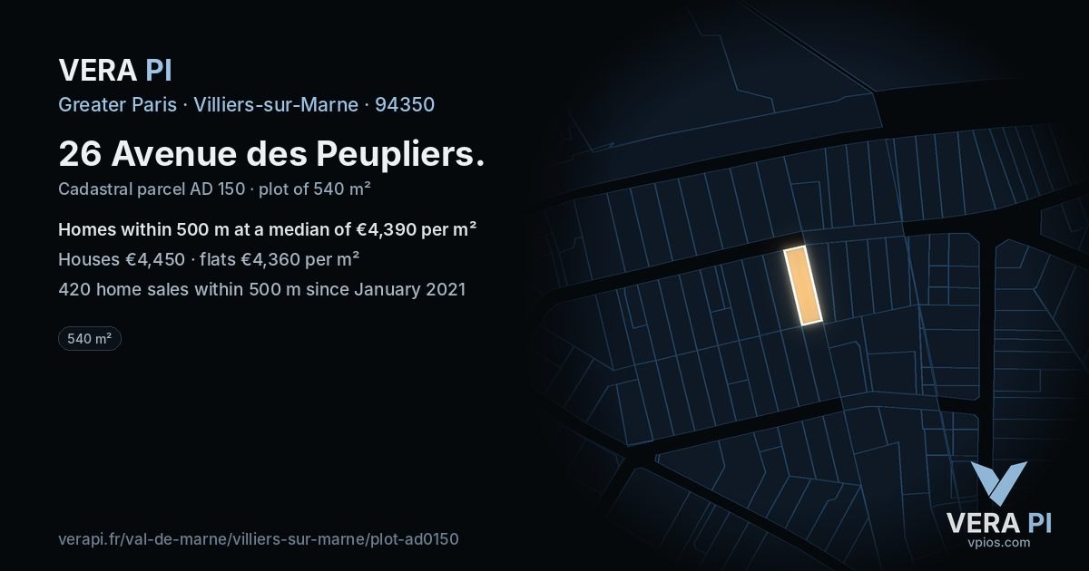 26 Avenue des Peupliers, Villiers-sur-Marne at night – the plot lit, the parcels around coloured by the prices near them