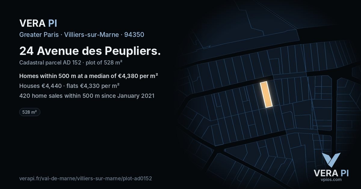 24 Avenue des Peupliers, Villiers-sur-Marne at night – the plot lit, the parcels around coloured by the prices near them