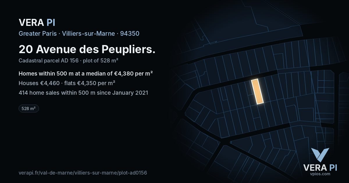 20 Avenue des Peupliers, Villiers-sur-Marne at night – the plot lit, the parcels around coloured by the prices near them