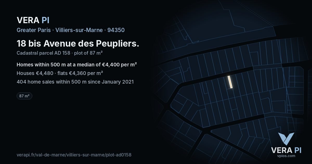 18 bis Avenue des Peupliers, Villiers-sur-Marne at night – the plot lit, the parcels around coloured by the prices near them