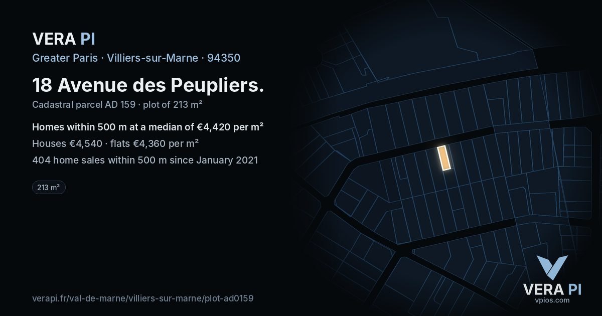 18 Avenue des Peupliers, Villiers-sur-Marne at night – the plot lit, the parcels around coloured by the prices near them