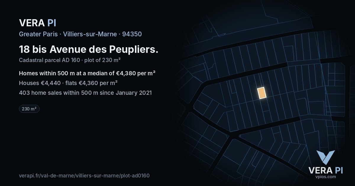 18 bis Avenue des Peupliers, Villiers-sur-Marne at night – the plot lit, the parcels around coloured by the prices near them