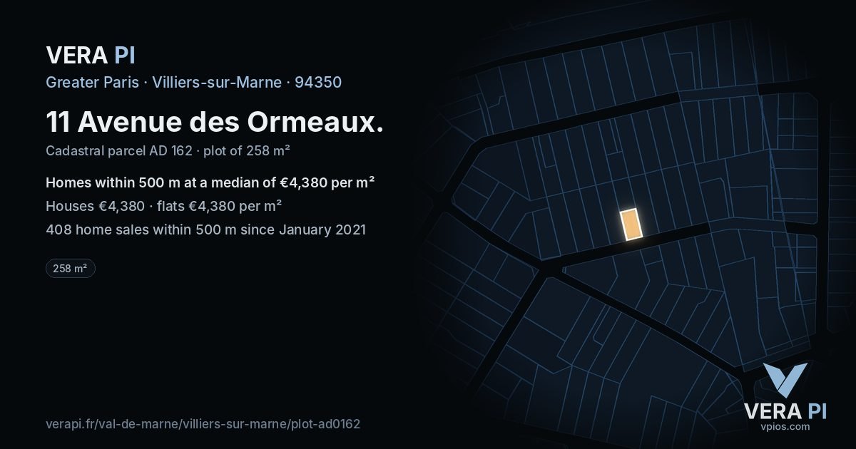 11 Avenue des Ormeaux, Villiers-sur-Marne at night – the plot lit, the parcels around coloured by the prices near them