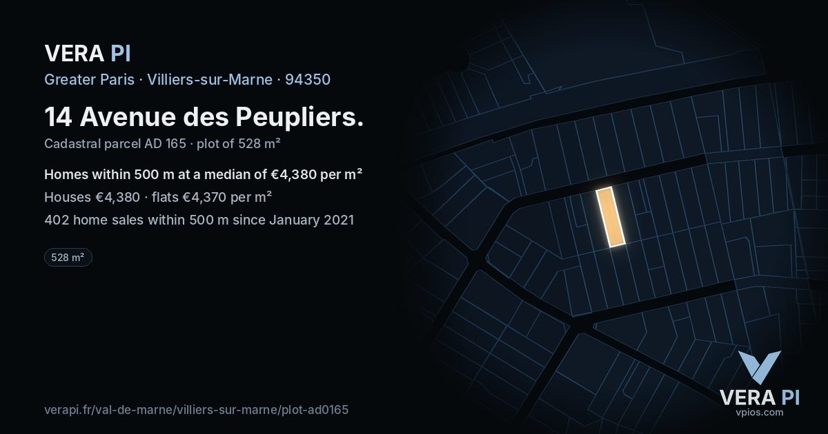 14 Avenue des Peupliers, Villiers-sur-Marne at night – the plot lit, the parcels around coloured by the prices near them