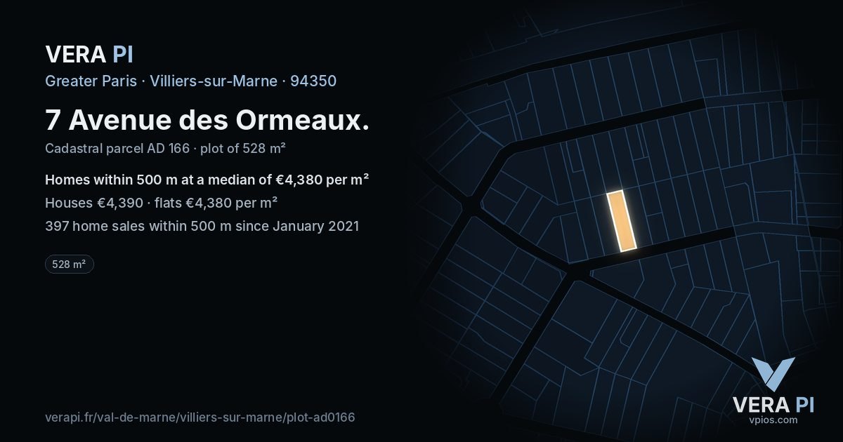 7 Avenue des Ormeaux, Villiers-sur-Marne at night – the plot lit, the parcels around coloured by the prices near them