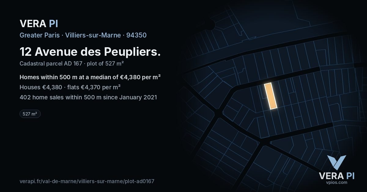 12 Avenue des Peupliers, Villiers-sur-Marne at night – the plot lit, the parcels around coloured by the prices near them