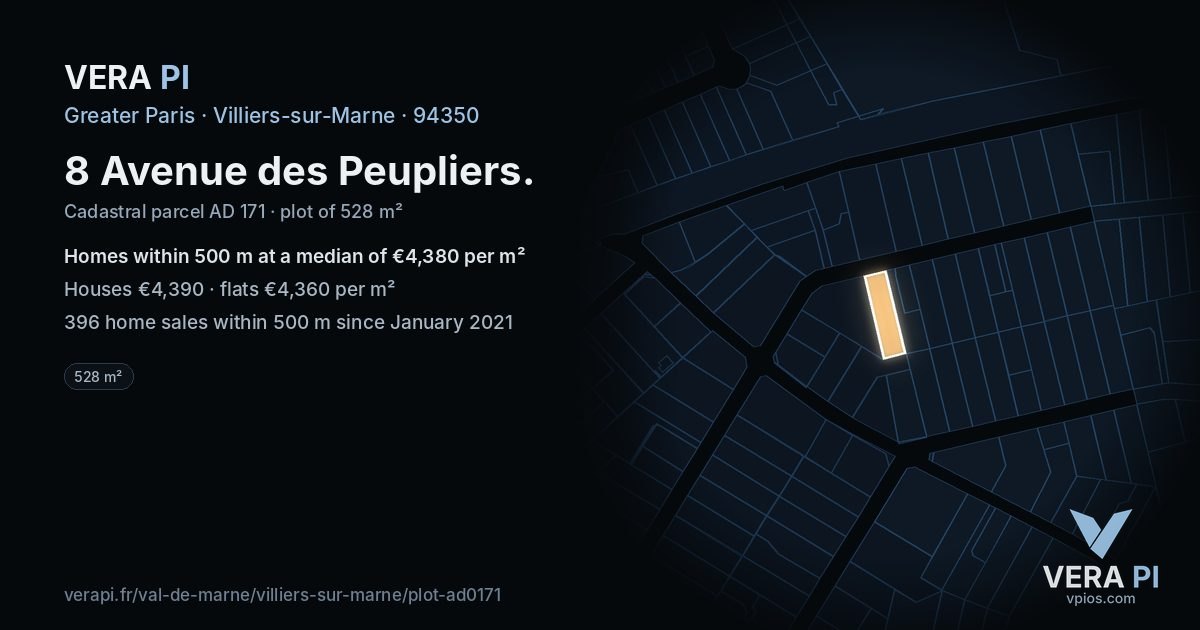 8 Avenue des Peupliers, Villiers-sur-Marne at night – the plot lit, the parcels around coloured by the prices near them