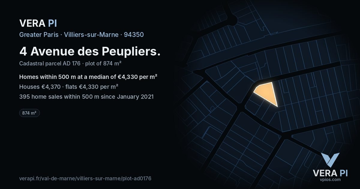 4 Avenue des Peupliers, Villiers-sur-Marne at night – the plot lit, the parcels around coloured by the prices near them