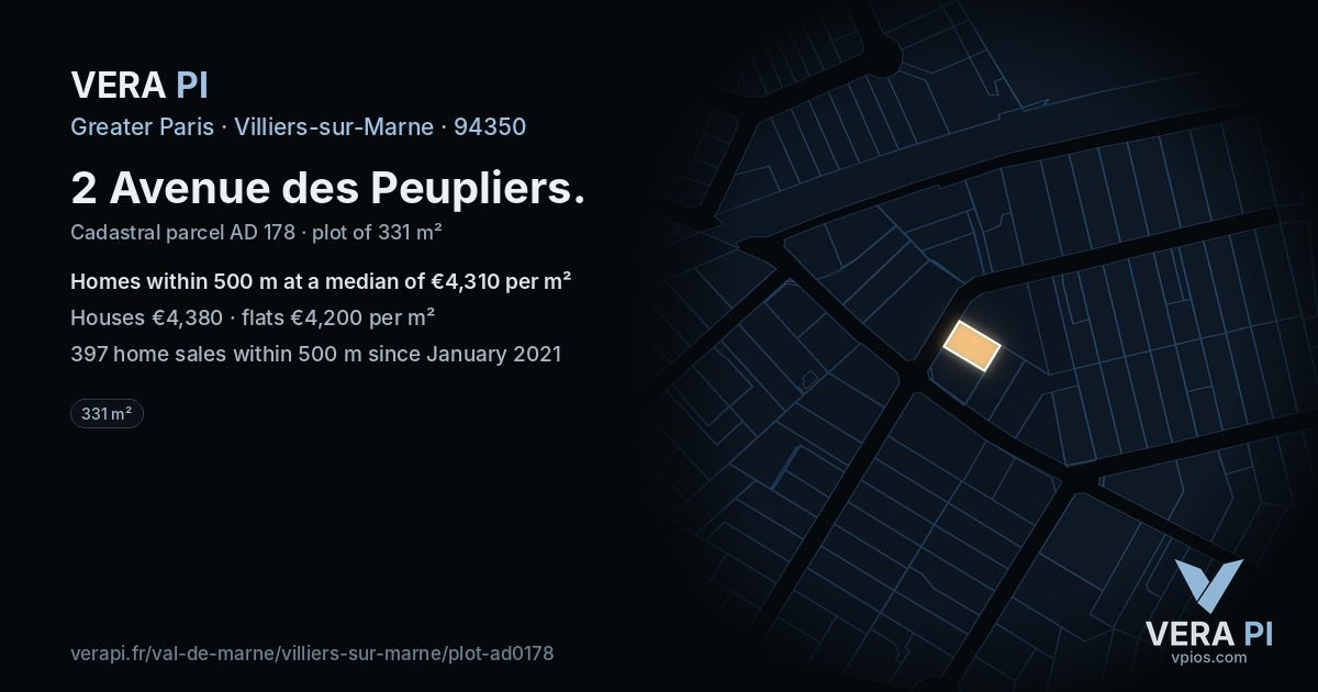 2 Avenue des Peupliers, Villiers-sur-Marne at night – the plot lit, the parcels around coloured by the prices near them