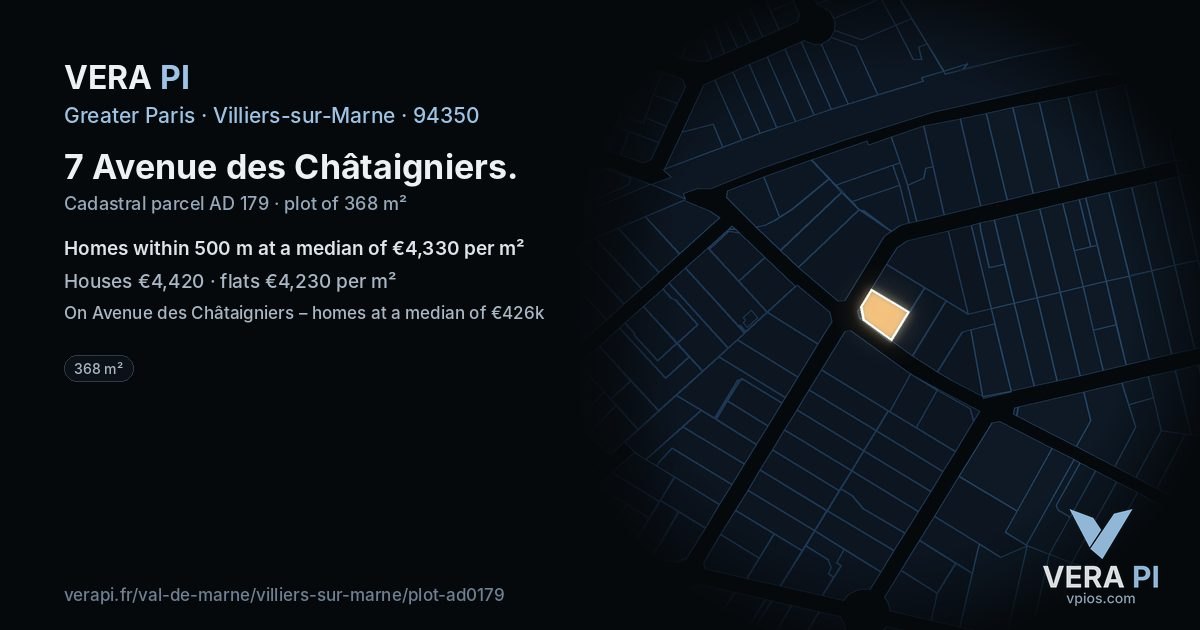 7 Avenue des Châtaigniers, Villiers-sur-Marne at night – the plot lit, the parcels around coloured by the prices near them