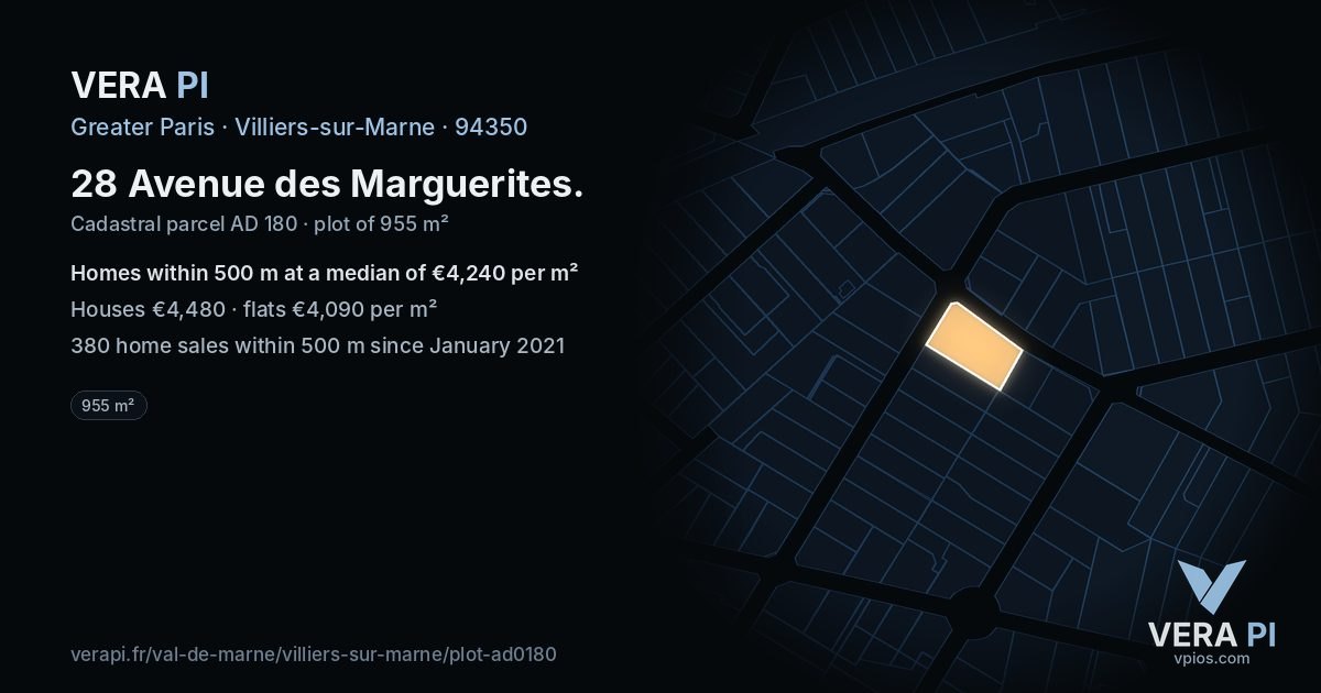 28 Avenue des Marguerites, Villiers-sur-Marne at night – the plot lit, the parcels around coloured by the prices near them