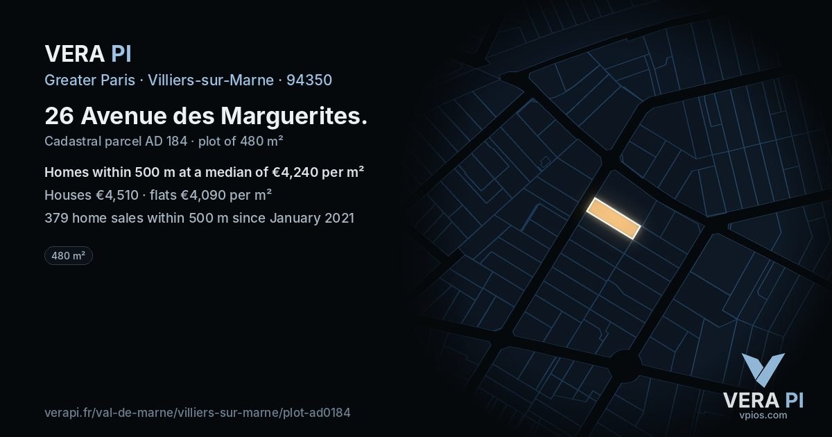 26 Avenue des Marguerites, Villiers-sur-Marne at night – the plot lit, the parcels around coloured by the prices near them