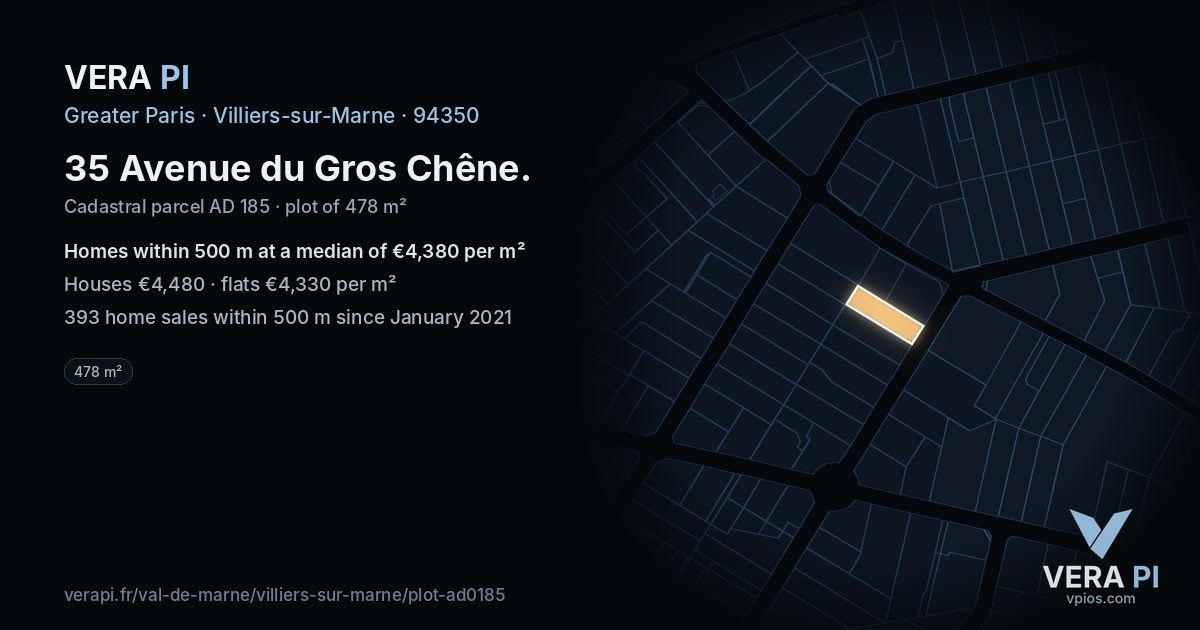 35 Avenue du Gros Chêne, Villiers-sur-Marne at night – the plot lit, the parcels around coloured by the prices near them