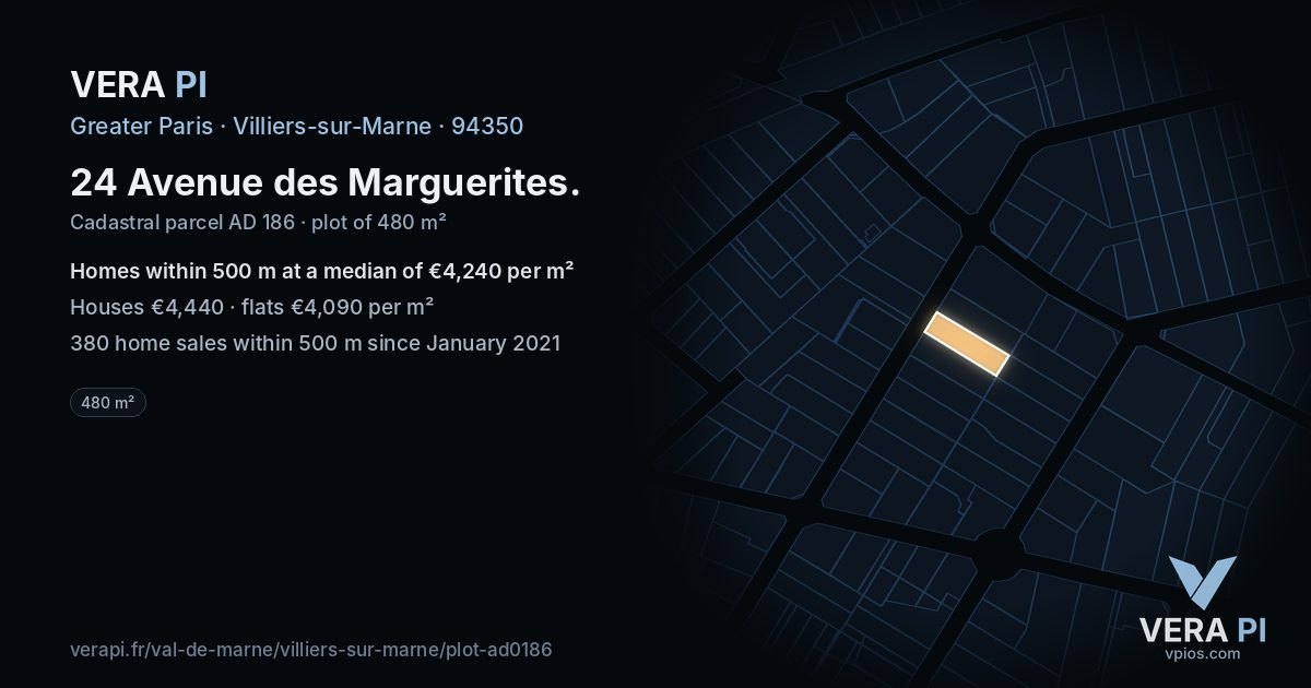 24 Avenue des Marguerites, Villiers-sur-Marne at night – the plot lit, the parcels around coloured by the prices near them