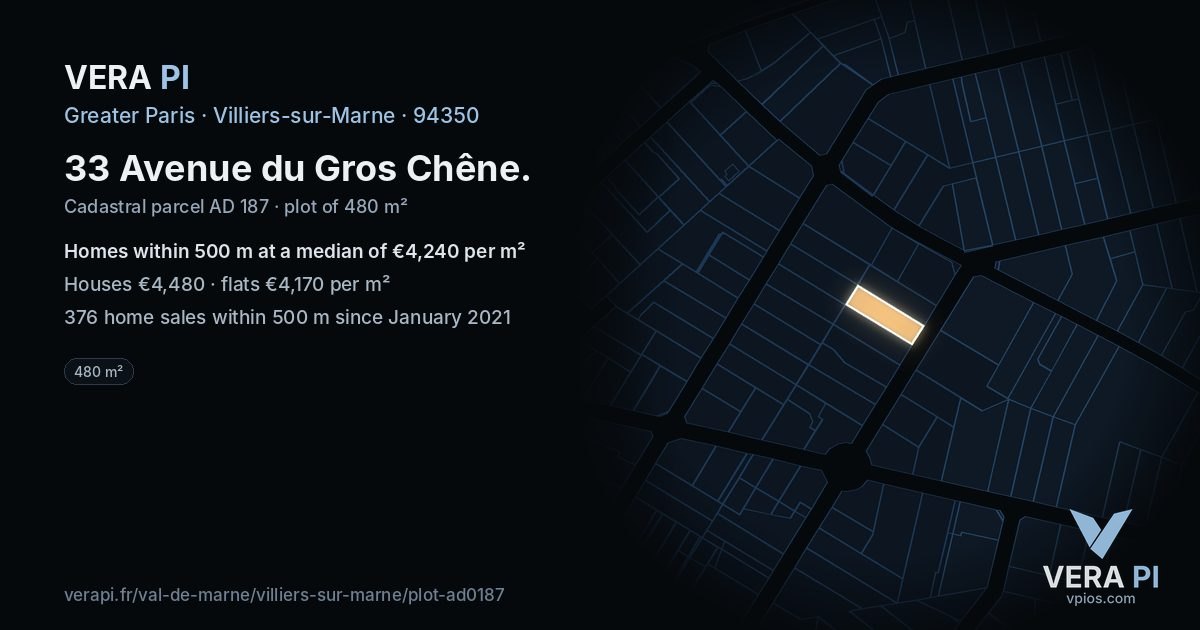 33 Avenue du Gros Chêne, Villiers-sur-Marne at night – the plot lit, the parcels around coloured by the prices near them