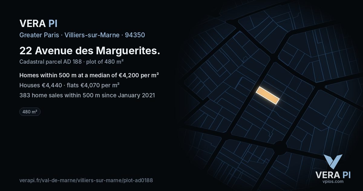 22 Avenue des Marguerites, Villiers-sur-Marne at night – the plot lit, the parcels around coloured by the prices near them
