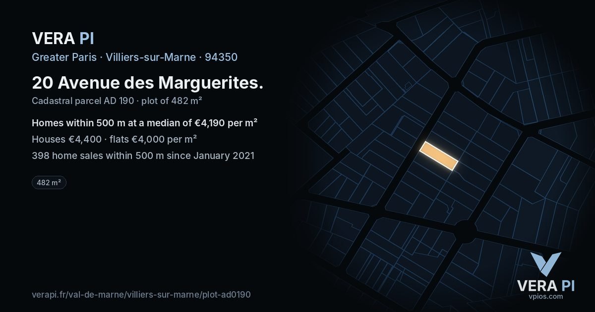 20 Avenue des Marguerites, Villiers-sur-Marne at night – the plot lit, the parcels around coloured by the prices near them