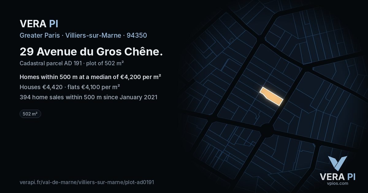 29 Avenue du Gros Chêne, Villiers-sur-Marne at night – the plot lit, the parcels around coloured by the prices near them