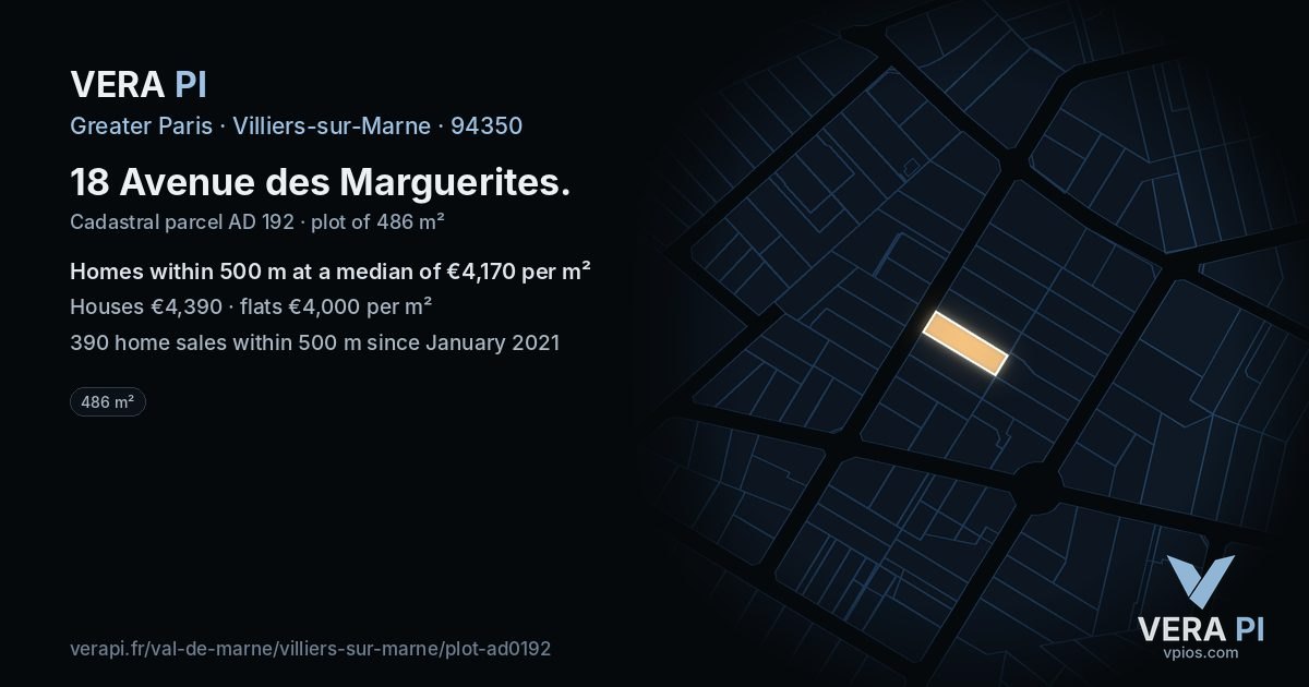 18 Avenue des Marguerites, Villiers-sur-Marne at night – the plot lit, the parcels around coloured by the prices near them