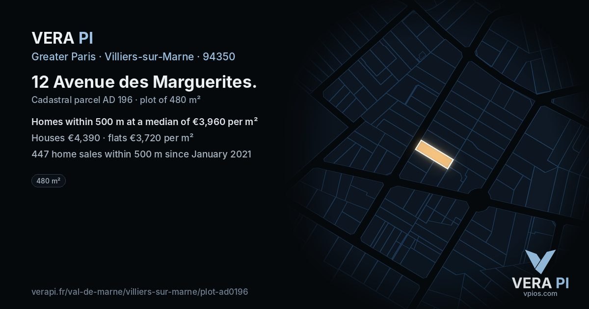 12 Avenue des Marguerites, Villiers-sur-Marne at night – the plot lit, the parcels around coloured by the prices near them