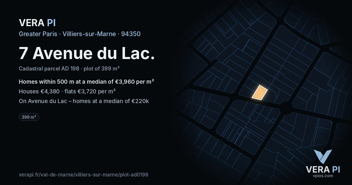 7 Avenue du Lac, Villiers-sur-Marne at night – the plot lit, the parcels around coloured by the prices near them