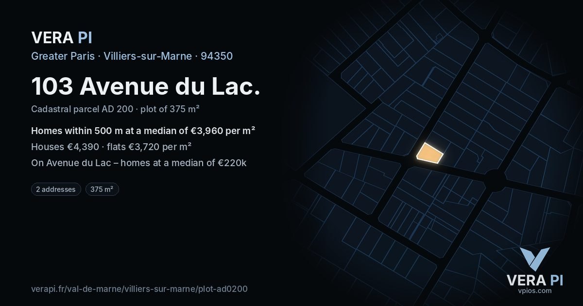 103 Avenue du Lac, Villiers-sur-Marne at night – the plot lit, the parcels around coloured by the prices near them