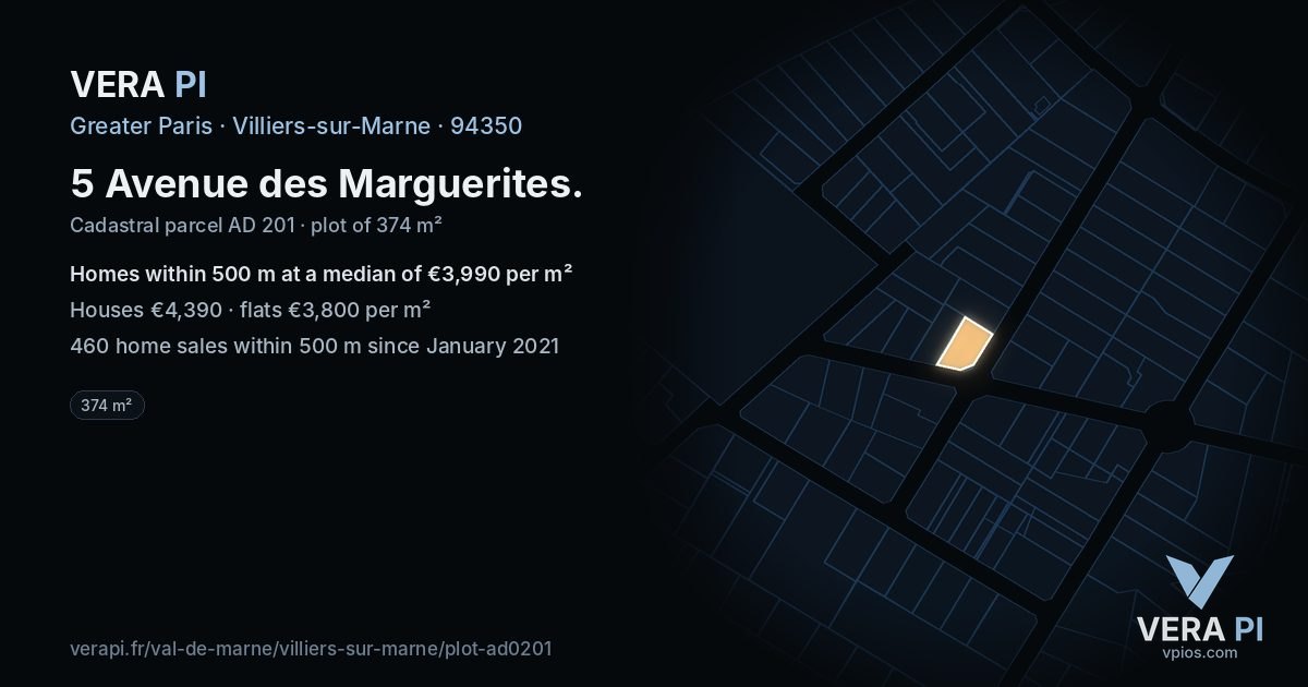5 Avenue des Marguerites, Villiers-sur-Marne at night – the plot lit, the parcels around coloured by the prices near them