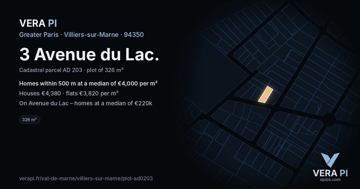 3 Avenue du Lac, Villiers-sur-Marne at night – the plot lit, the parcels around coloured by the prices near them
