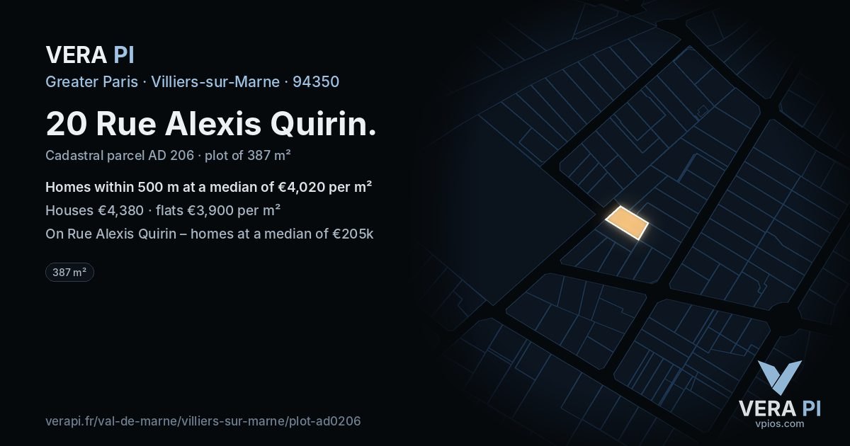 20 Rue Alexis Quirin, Villiers-sur-Marne at night – the plot lit, the parcels around coloured by the prices near them