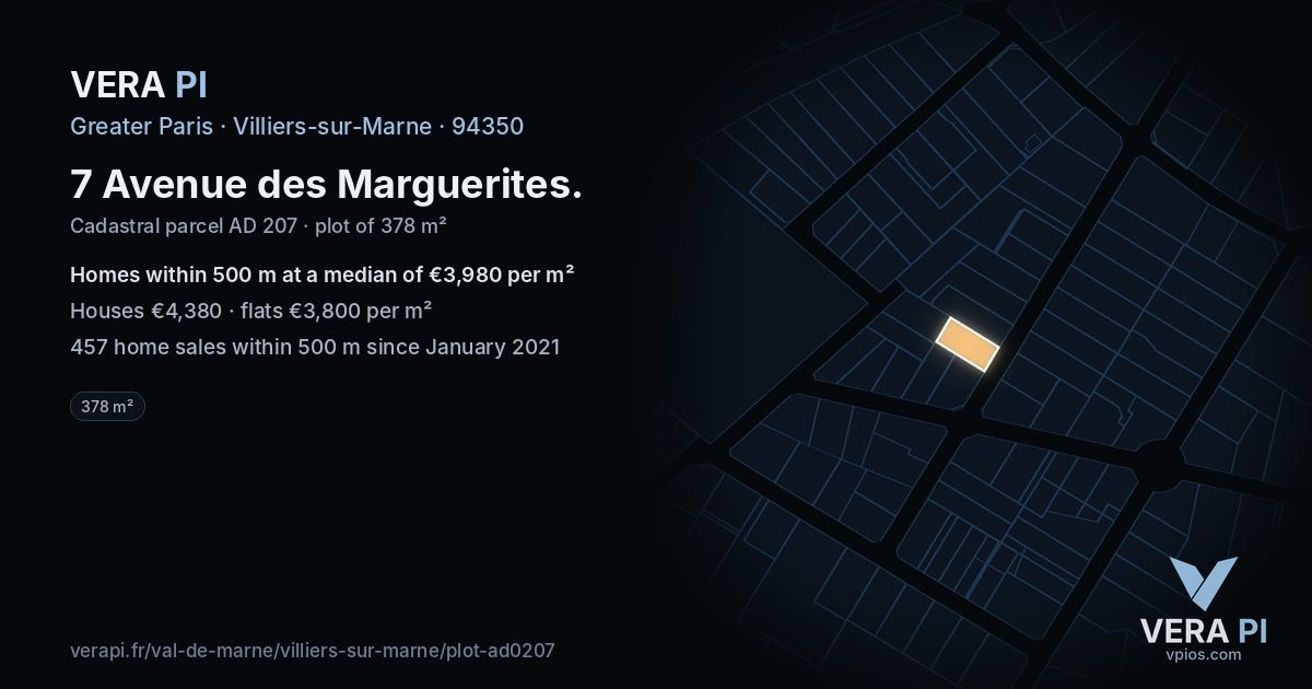 7 Avenue des Marguerites, Villiers-sur-Marne at night – the plot lit, the parcels around coloured by the prices near them