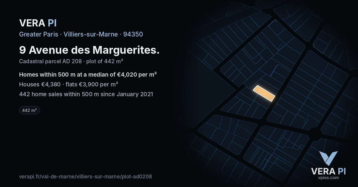 9 Avenue des Marguerites, Villiers-sur-Marne at night – the plot lit, the parcels around coloured by the prices near them