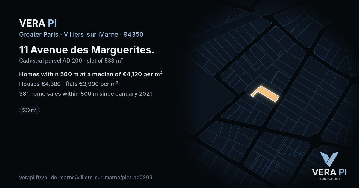 11 Avenue des Marguerites, Villiers-sur-Marne at night – the plot lit, the parcels around coloured by the prices near them