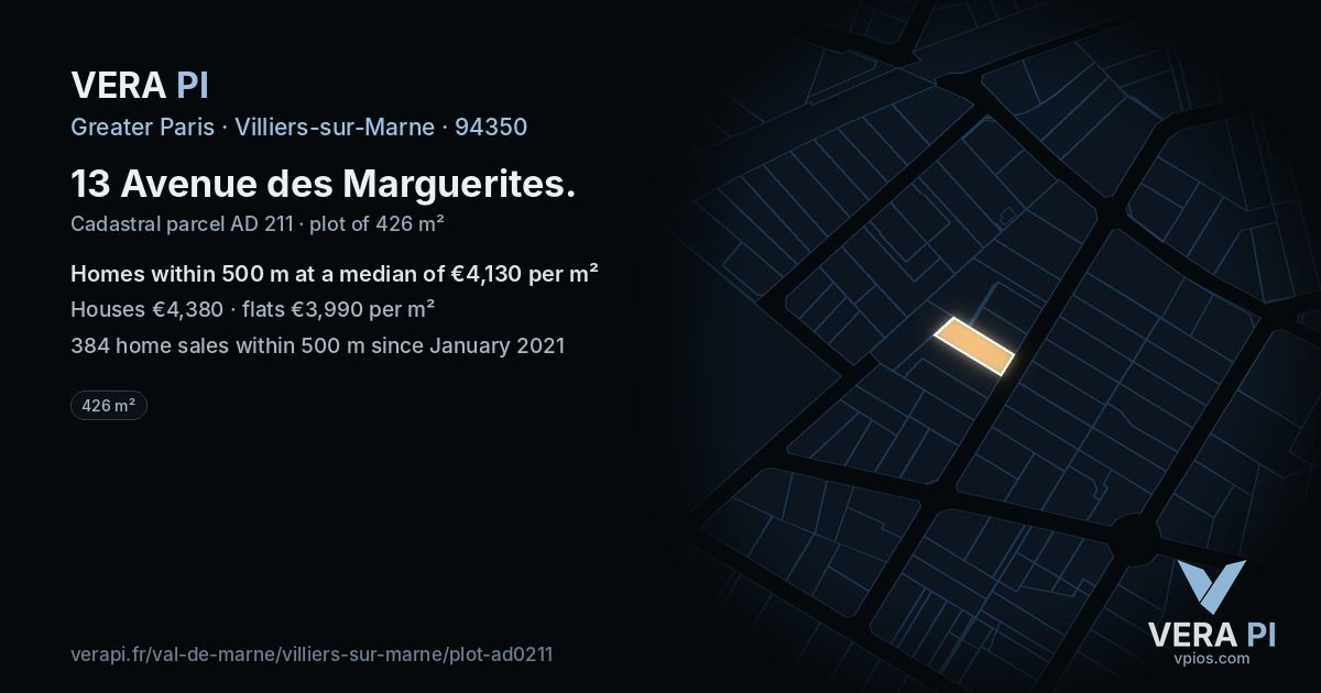 13 Avenue des Marguerites, Villiers-sur-Marne at night – the plot lit, the parcels around coloured by the prices near them